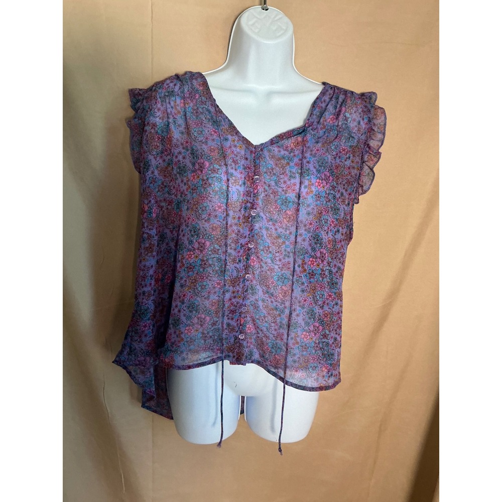 Mossimo Floral Blouse Womens XXL Purple Excellent Ruffle V-Neck Sheer Boho Top